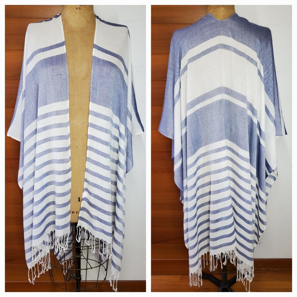 Isaac Mizrahi 72x44" Wrap Shawl Scarf Blue White Swim CoverUp Lightweight Stripe